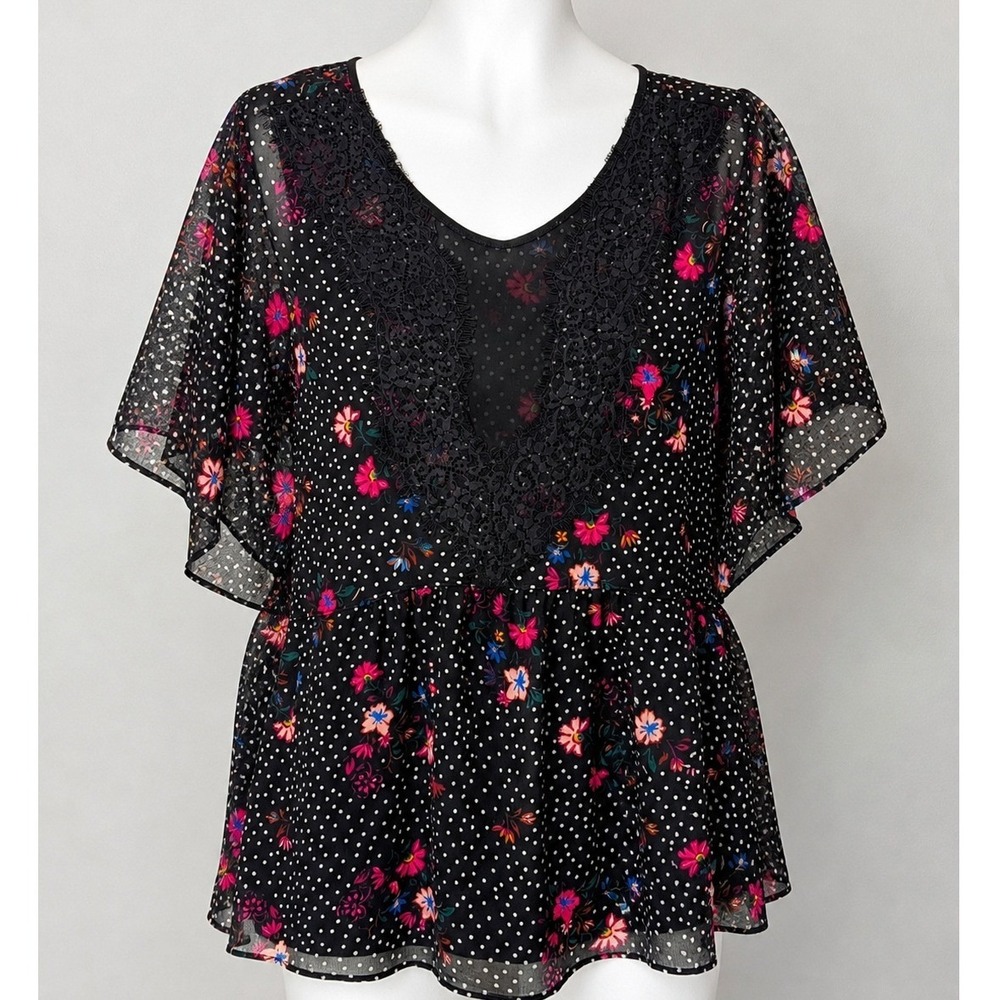 Express Womens Blouse Floral Polka Dot Lace Trim‎ Flutter Sleeve Small
